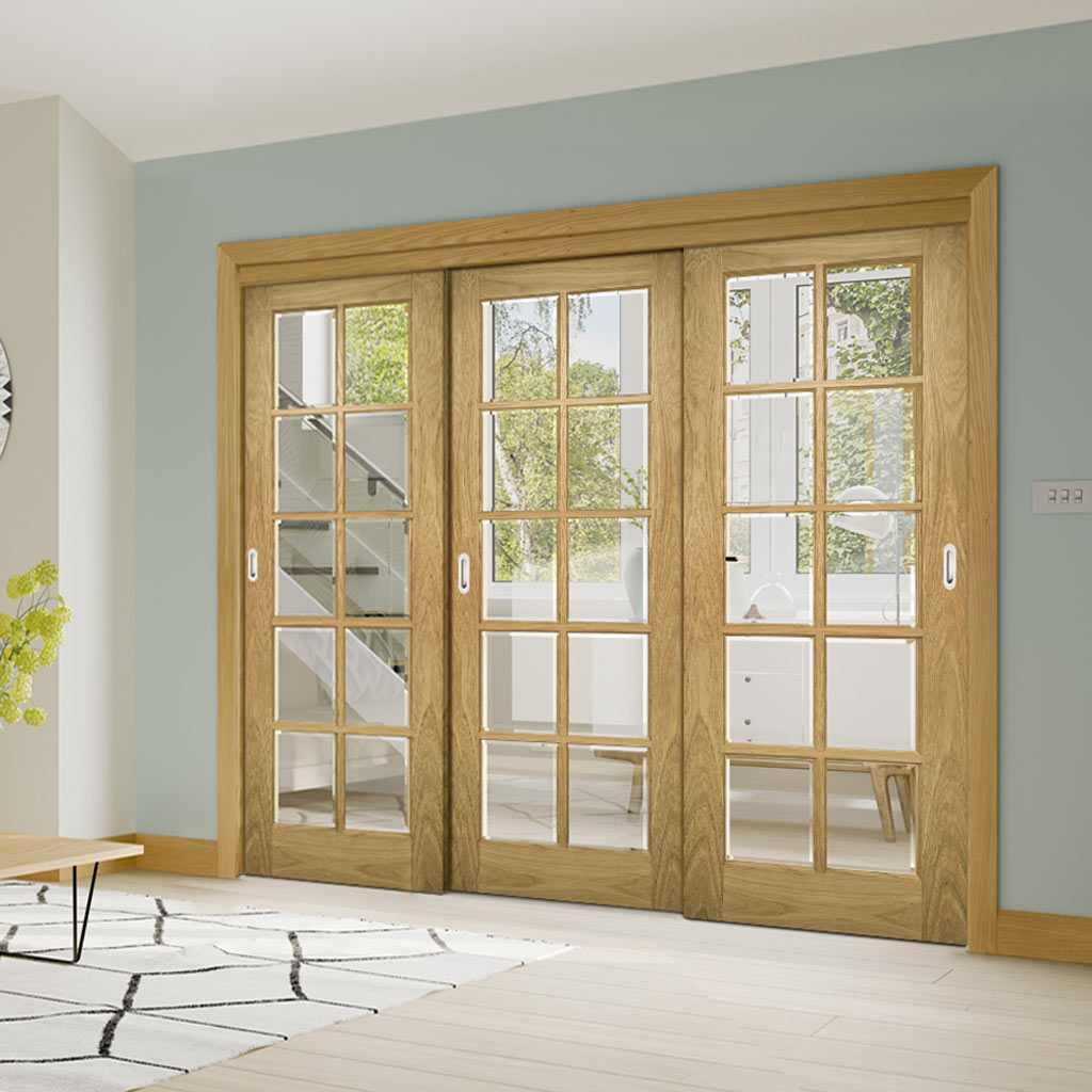 Pass-Easi Three Sliding Doors and Frame Kit - Bristol Oak Unfinished Door - 10 Pane Clear Bevelled Glass
