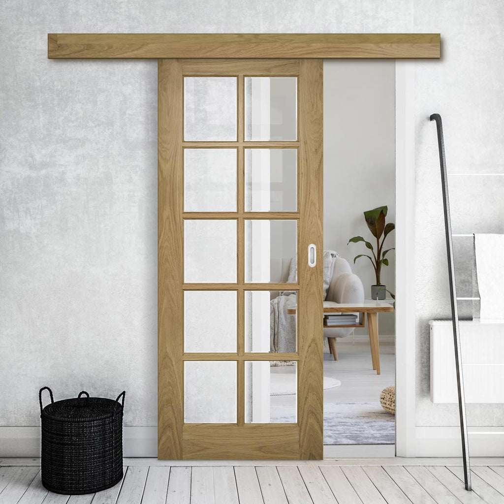 Single Sliding Door & Wall Track - Bristol Oak Unfinished Door - 10 Pane Clear Bevelled Glass