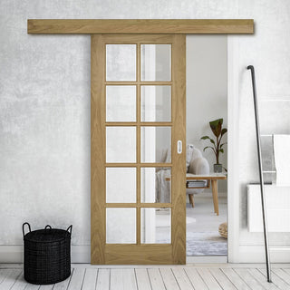 Image: Single Sliding Door & Wall Track - Bristol Oak Unfinished Door - 10 Pane Clear Bevelled Glass