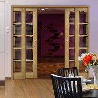 Bristol Oak Staffetta Quad Telescopic Pocket Doors - 10 Pane Clear bevelled Glass - Unfinished