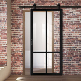 Image: Top Mounted Black Sliding Track & Solid Wood Door - Eco-Urban® Bronx 4 Pane Solid Wood Door DD6315G - Clear Glass - Shadow Black Premium Primed