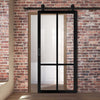 Top Mounted Black Sliding Track & Solid Wood Door - Eco-Urban® Bronx 4 Pane Solid Wood Door DD6315G - Clear Glass - Shadow Black Premium Primed