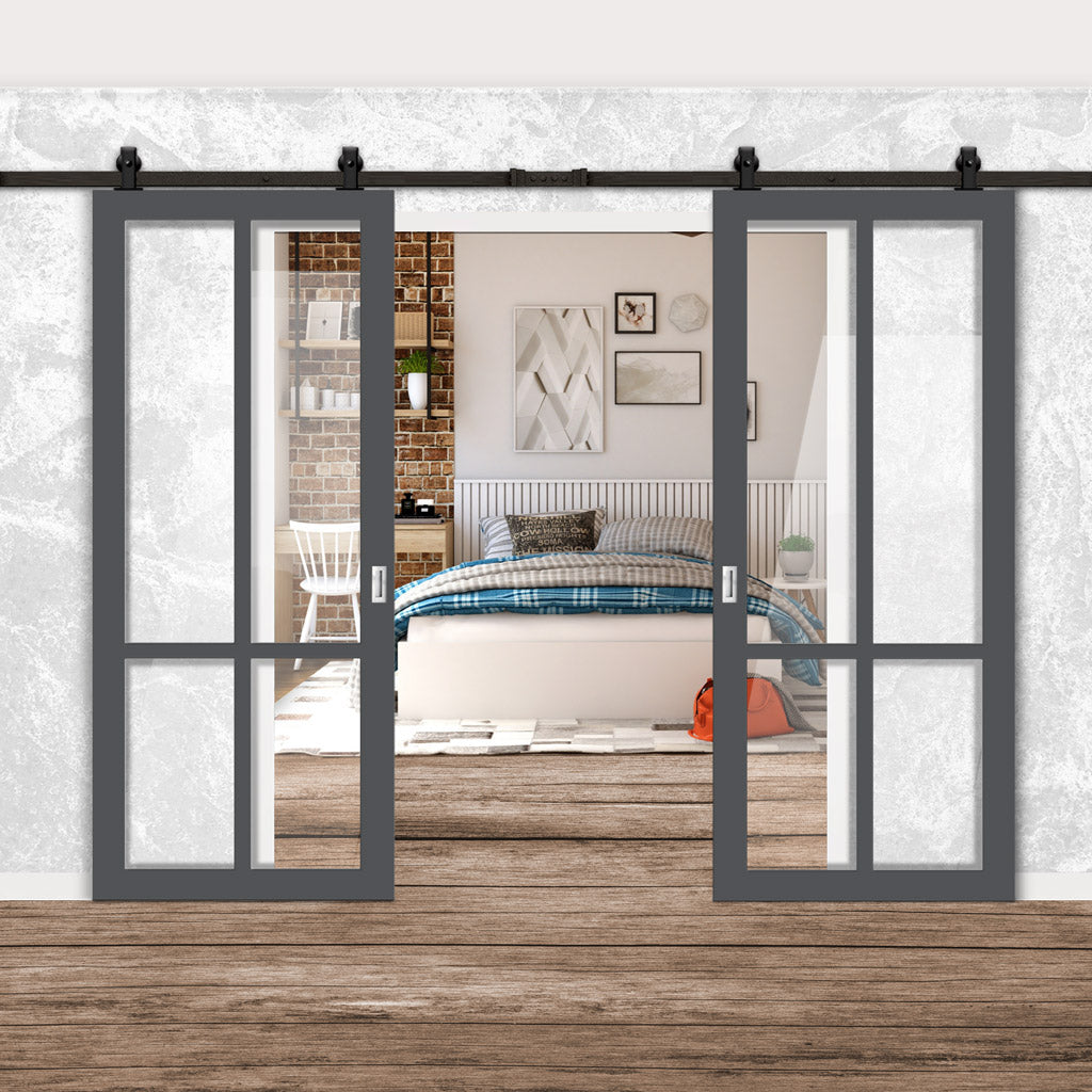 Top Mounted Black Sliding Track & Solid Wood Double Doors - Eco-Urban® Bronx 4 Pane Doors DD6315G - Clear Glass - Stormy Grey Premium Primed