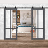 Top Mounted Black Sliding Track & Solid Wood Double Doors - Eco-Urban® Bronx 4 Pane Doors DD6315G - Clear Glass - Stormy Grey Premium Primed