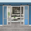 Top Mounted Black Sliding Track & Solid Wood Double Doors - Eco-Urban® Bronx 4 Pane Doors DD6315G - Clear Glass - Mist Grey Premium Primed