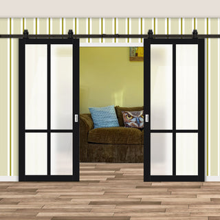Image: Top Mounted Black Sliding Track & Solid Wood Double Doors - Eco-Urban® Bronx 4 Pane Doors DD6315SG - Frosted Glass - Shadow Black Premium Primed