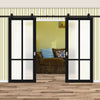 Top Mounted Black Sliding Track & Solid Wood Double Doors - Eco-Urban® Bronx 4 Pane Doors DD6315SG - Frosted Glass - Shadow Black Premium Primed