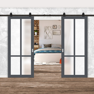Image: Top Mounted Black Sliding Track & Solid Wood Double Doors - Eco-Urban® Bronx 4 Pane Doors DD6315SG - Frosted Glass - Stormy Grey Premium Primed