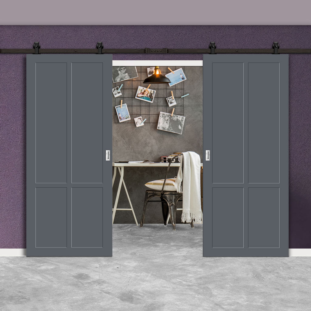 Top Mounted Black Sliding Track & Solid Wood Double Doors - Eco-Urban® Bronx 4 Panel Doors DD6315 - Stormy Grey Premium Primed