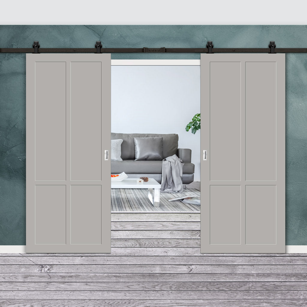 Top Mounted Black Sliding Track & Solid Wood Double Doors - Eco-Urban® Bronx 4 Panel Doors DD6315 - Mist Grey Premium Primed