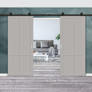 Image: Top Mounted Black Sliding Track & Solid Wood Double Doors - Eco-Urban® Bronx 4 Panel Doors DD6315 - Mist Grey Premium Primed