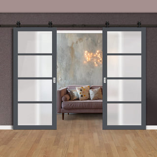 Image: Top Mounted Black Sliding Track & Solid Wood Double Doors - Eco-Urban® Brooklyn 4 Pane Doors DD6308SG - Frosted Glass - Stormy Grey Premium Primed