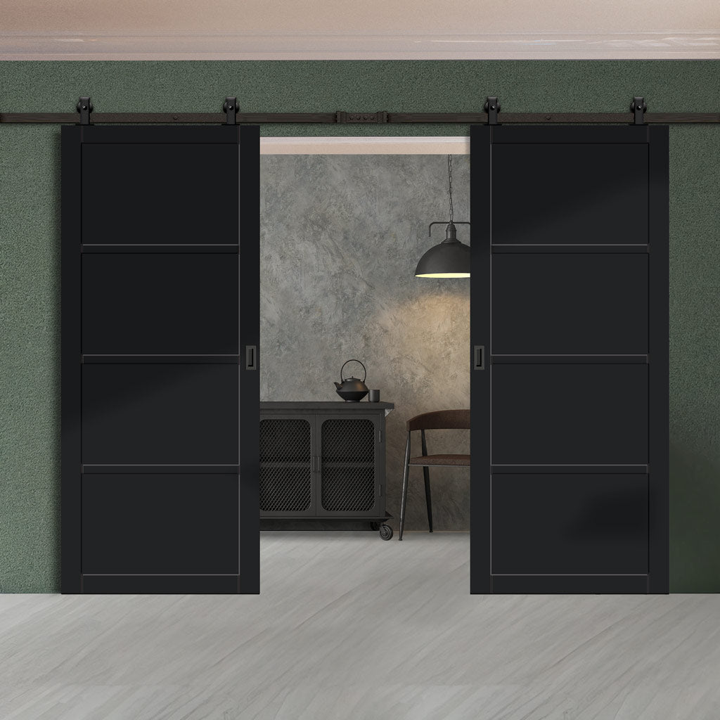 Top Mounted Black Sliding Track & Solid Wood Double Doors - Eco-Urban® Brooklyn 4 Panel Doors DD6307 - Shadow Black Premium Primed