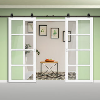 Image: Top Mounted Black Sliding Track & Solid Wood Double Doors - Eco-Urban® Brooklyn 4 Pane Doors DD6308G - Clear Glass - Cloud White Premium Primed