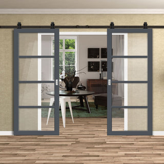 Image: Top Mounted Black Sliding Track & Solid Wood Double Doors - Eco-Urban® Brooklyn 4 Pane Doors DD6308G - Clear Glass - Stormy Grey Premium Primed