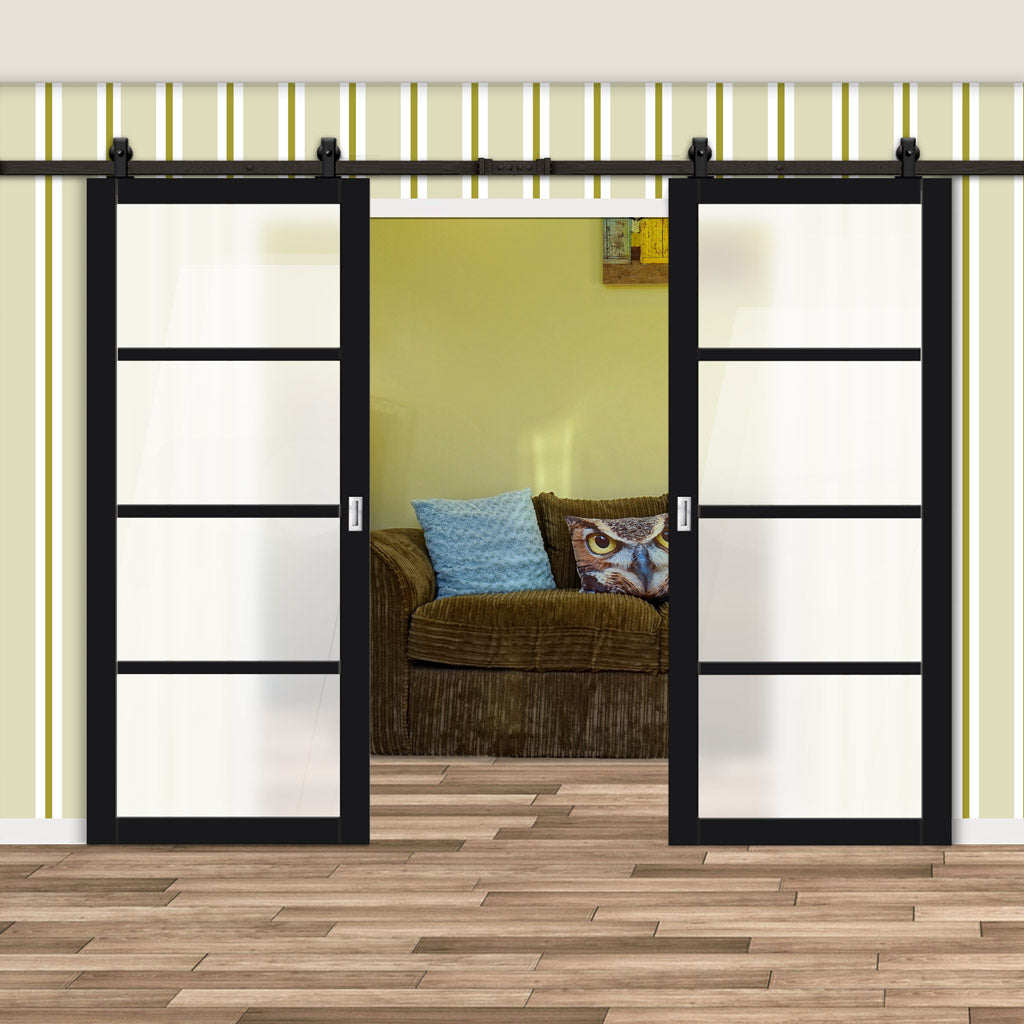 Top Mounted Black Sliding Track & Solid Wood Double Doors - Eco-Urban® Brooklyn 4 Pane Doors DD6308SG - Frosted Glass - Shadow Black Premium Primed