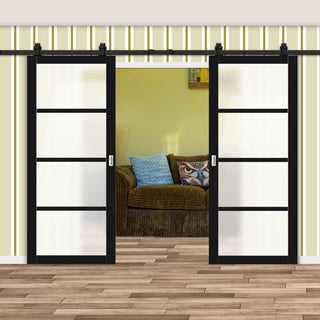Image: Top Mounted Black Sliding Track & Solid Wood Double Doors - Eco-Urban® Brooklyn 4 Pane Doors DD6308SG - Frosted Glass - Shadow Black Premium Primed