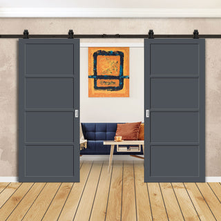 Image: Top Mounted Black Sliding Track & Solid Wood Double Doors - Eco-Urban® Brooklyn 4 Panel Doors DD6307 - Stormy Grey Premium Primed