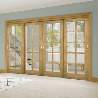 Image: Pass-Easi Four Sliding Doors and Frame Kit - Bristol Oak Unfinished Door - 10 Pane Clear Bevelled Glass