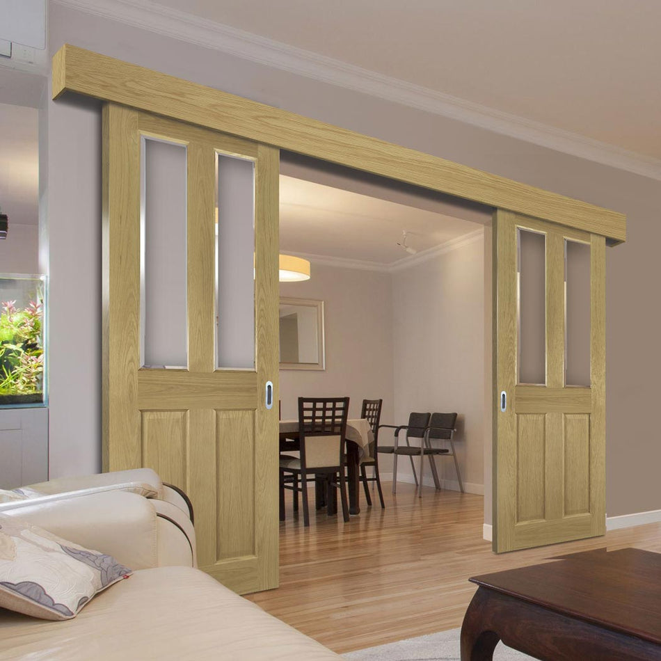 Double Sliding Door & Wall Track - Bury Real American White Oak Crown Cut Veneer Door - Clear Bevelled Glass - Prefinished
