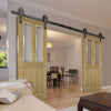 Double Sliding Door & Wagon Wheel Black Track - Bury American Oak Crown Cut Veneer Door - Clear Bevelled Glass - Prefinished