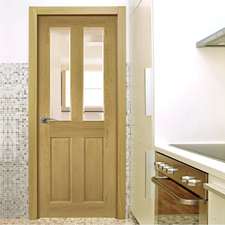 Image: Bespoke Bury Real American Oak Crown Cut Veneer Internal Door - Clear Bevelled Glass - Prefinished