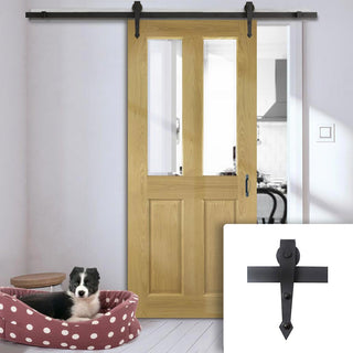 Image: Single Sliding Door & Arrowhead Black Track - Bury American Oak Crown Cut Veneer Door - Clear Bevelled Glass - Prefinished