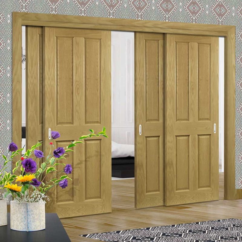 Pass-Easi Four Sliding Doors and Frame Kit - Bury Real American White Oak Crown Cut Veneer Door - Prefinished