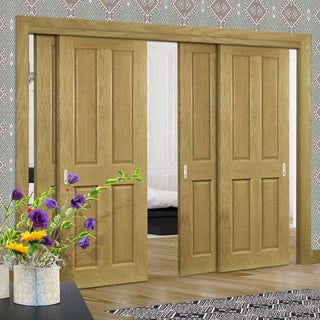 Image: Pass-Easi Four Sliding Doors and Frame Kit - Bury Real American White Oak Crown Cut Veneer Door - Prefinished