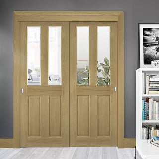 Image: Pass-Easi Two Sliding Doors and Frame Kit - Bury Real American White Oak Crown Cut Veneer Door - Clear Bevelled Glass - Prefinished