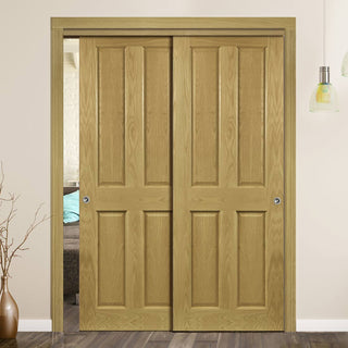 Image: Pass-Easi Two Sliding Doors and Frame Kit - Bury Real American White Oak Crown Cut Veneer Door - Prefinished