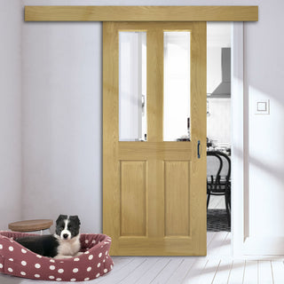 Image: Single Sliding Door & Wall Track - Bury Real American White Oak Crown Cut Veneer Door - Clear Bevelled Glass - Prefinished