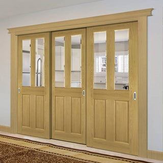 Image: Pass-Easi Three Sliding Doors and Frame Kit - Bury Real American White Oak Crown Cut Veneer Door - Clear Bevelled Glass - Prefinished