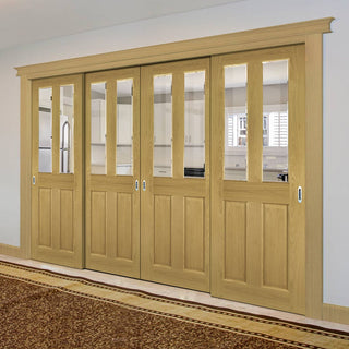 Image: Pass-Easi Four Sliding Doors and Frame Kit - Bury Real American White Oak Crown Cut Veneer Door - Clear Bevelled Glass - Prefinished