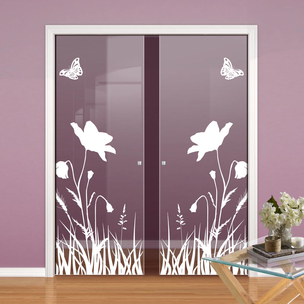 Butterfly 8mm Clear Glass - Obscure Printed Design - Double Evokit Glass Pocket Door