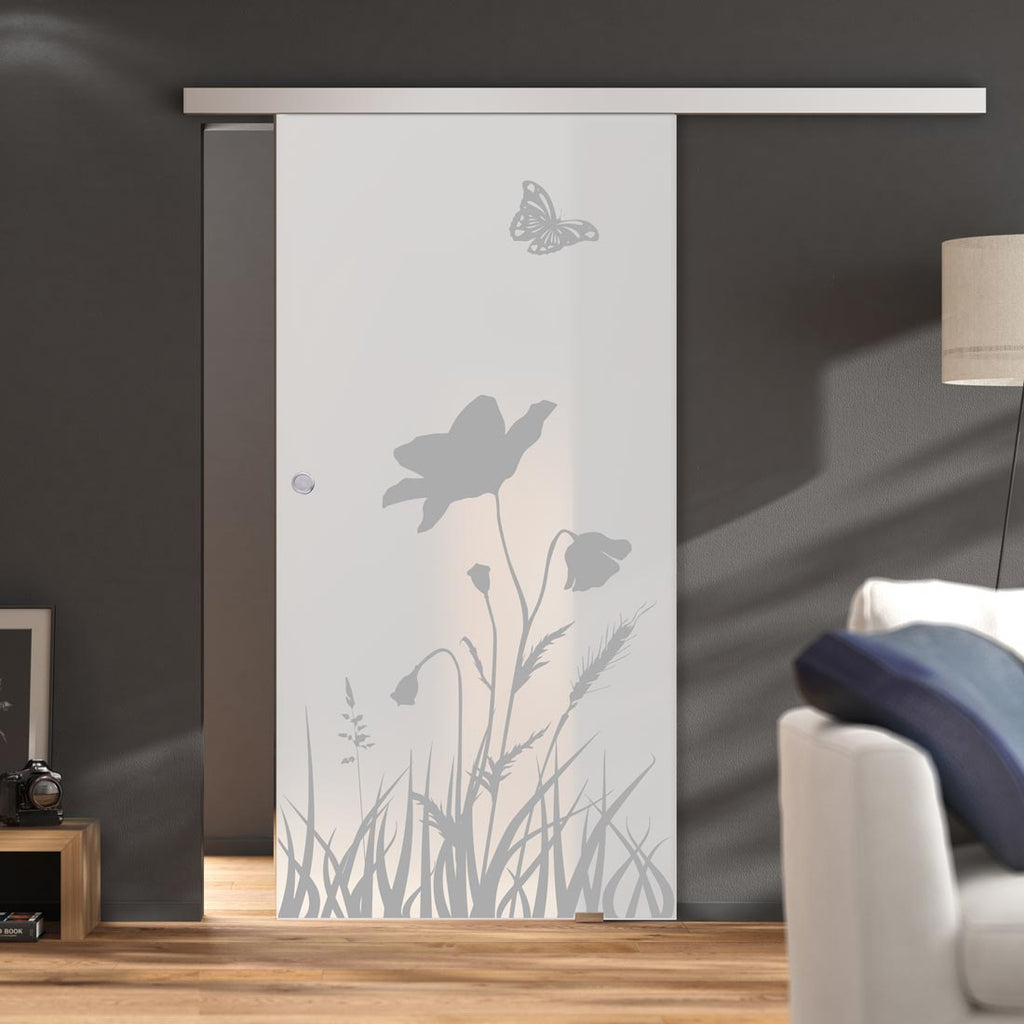 Single Glass Sliding Door - Butterfly 8mm Obscure Glass - Obscure Printed Design with Elegant Track