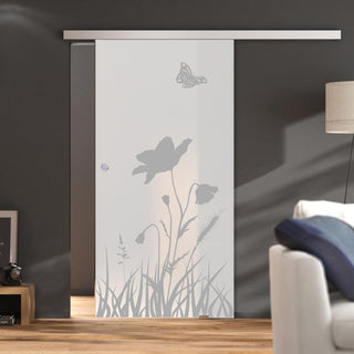 Image: Single Glass Sliding Door - Butterfly 8mm Obscure Glass - Obscure Printed Design with Elegant Track