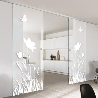 Image: Double Glass Sliding Door - Butterfly 8mm Clear Glass - Obscure Printed Design with Elegant Track