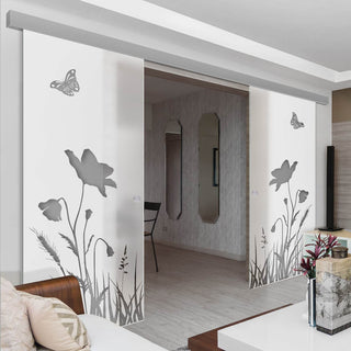 Image: Double Glass Sliding Door - Butterfly 8mm Obscure Glass - Clear Printed Design with Elegant Track