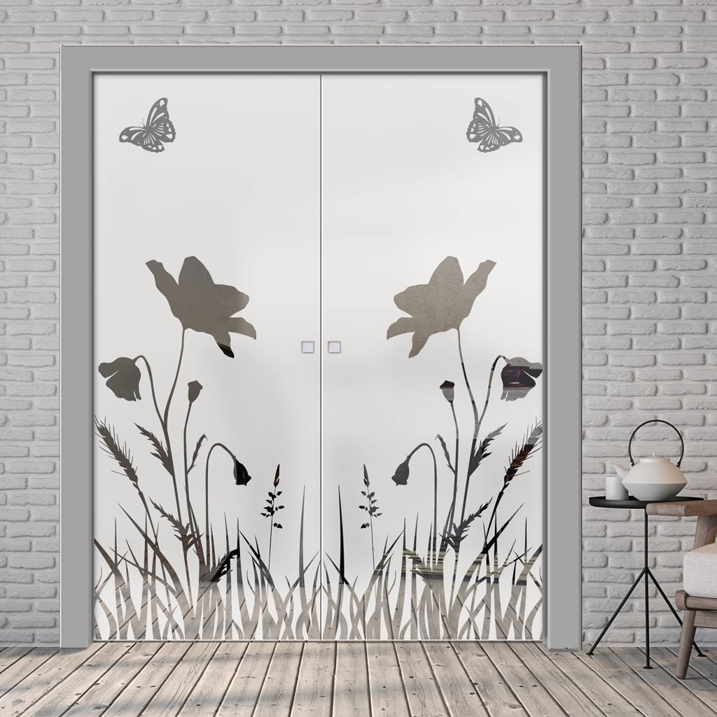 Butterfly 8mm Obscure Glass - Clear Printed Design - Double Evokit Glass Pocket Door