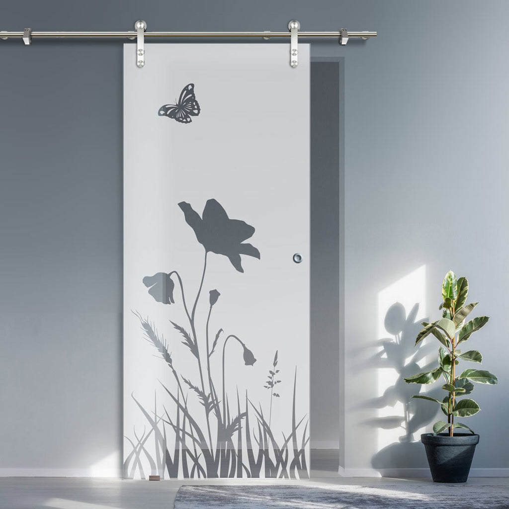 Single Glass Sliding Door - Solaris Tubular Stainless Steel Sliding Track & Butterfly 8mm Obscure Glass - Clear Printed Design