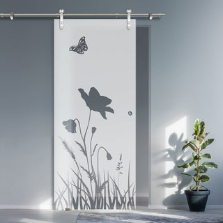 Image: Single Glass Sliding Door - Solaris Tubular Stainless Steel Sliding Track & Butterfly 8mm Obscure Glass - Clear Printed Design