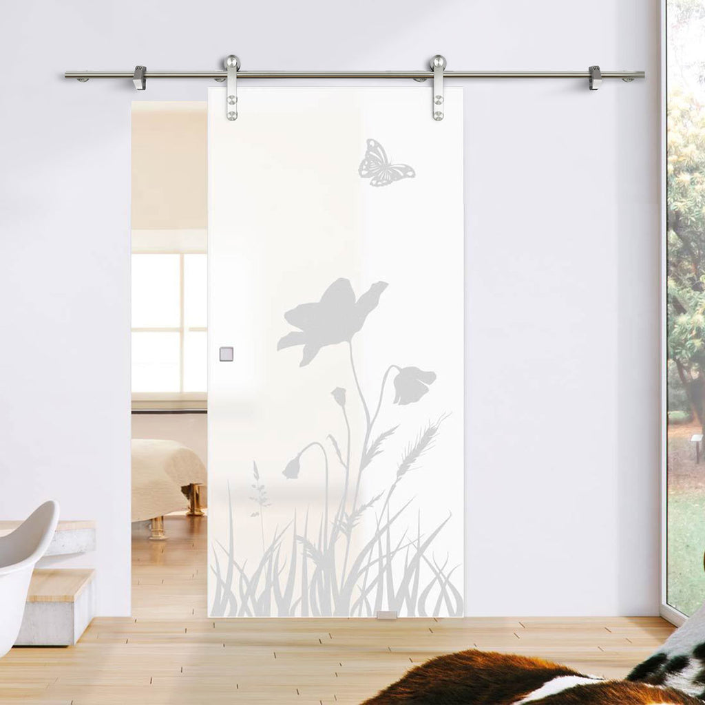 Single Glass Sliding Door - Solaris Tubular Stainless Steel Sliding Track & Butterfly 8mm Obscure Glass - Obscure Printed Design