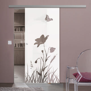 Image: Single Glass Sliding Door - Butterfly 8mm Obscure Glass - Clear Printed Design with Elegant Track