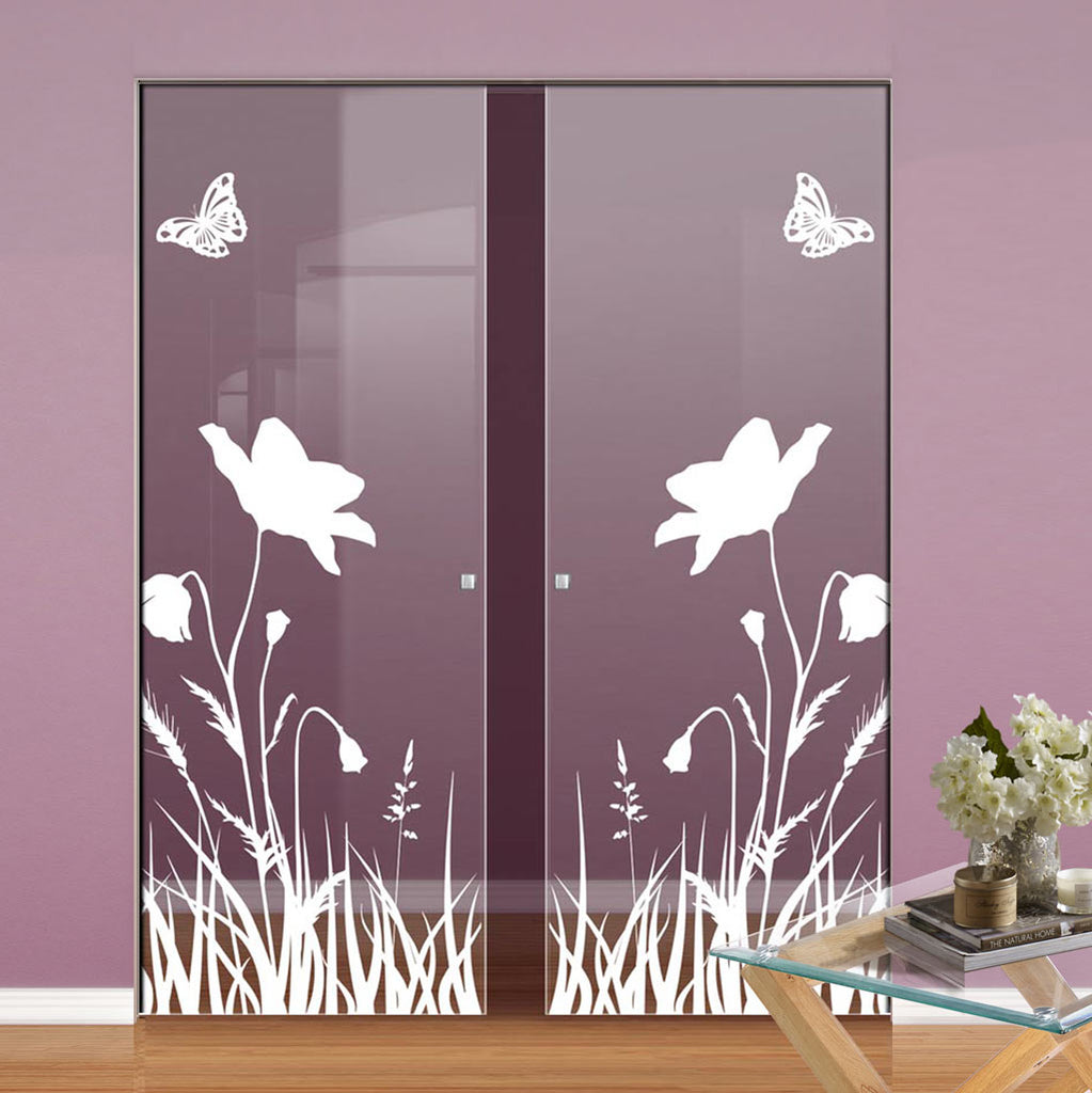 Butterfly 8mm Clear Glass - Obscure Printed Design - Double Absolute Pocket Door