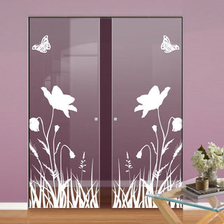 Image: Butterfly 8mm Clear Glass - Obscure Printed Design - Double Absolute Pocket Door