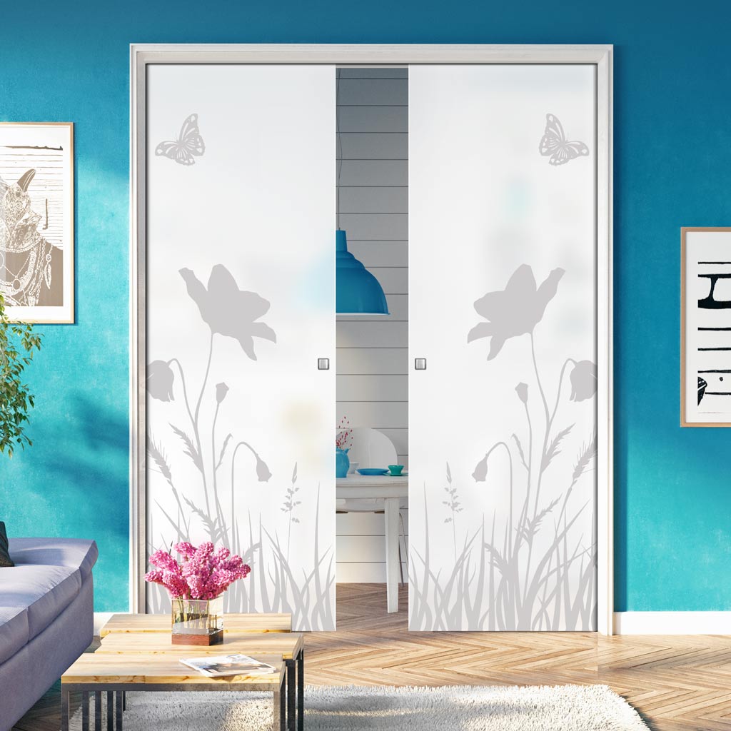 Butterfly 8mm Obscure Glass - Obscure Printed Design - Double Evokit Glass Pocket Door