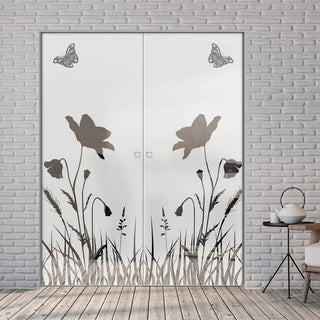 Image: Butterfly 8mm Obscure Glass - Clear Printed Design - Double Absolute Pocket Door