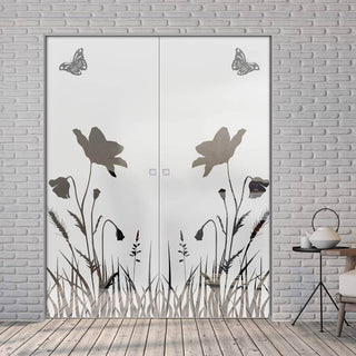 Image: Butterfly 8mm Obscure Glass - Clear Printed Design - Double Absolute Pocket Door