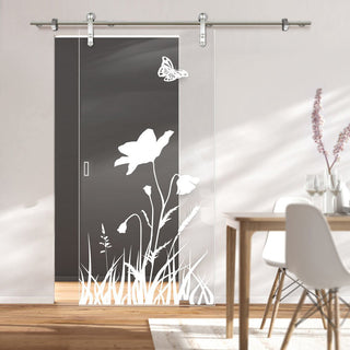 Image: Single Glass Sliding Door - Solaris Tubular Stainless Steel Sliding Track & Butterfly 8mm Clear Glass - Obscure Printed Design